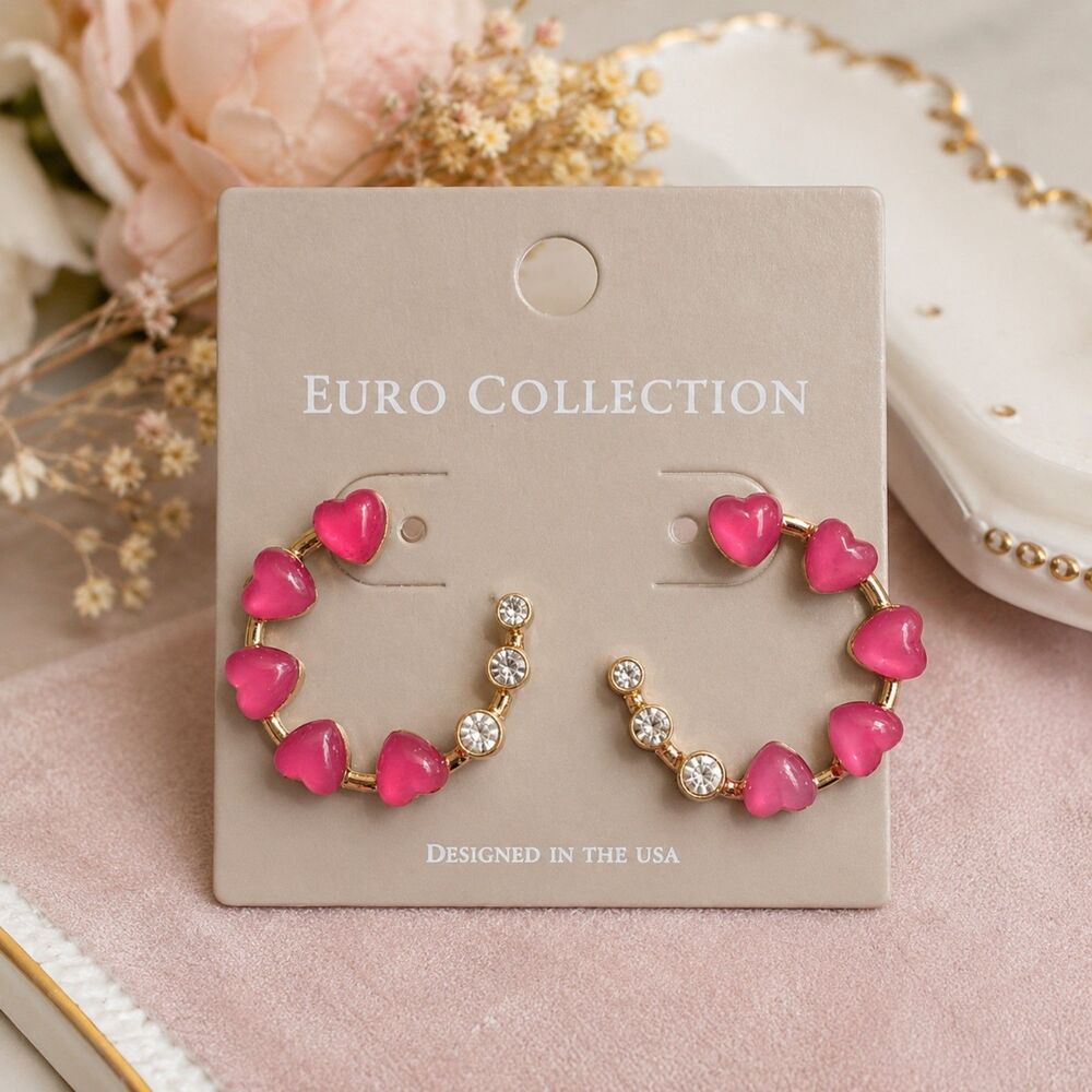Pink Heart Hoop Earrings, Gold Tone Heart Earrings, Coquette, Girly, Y2K Jewelry
